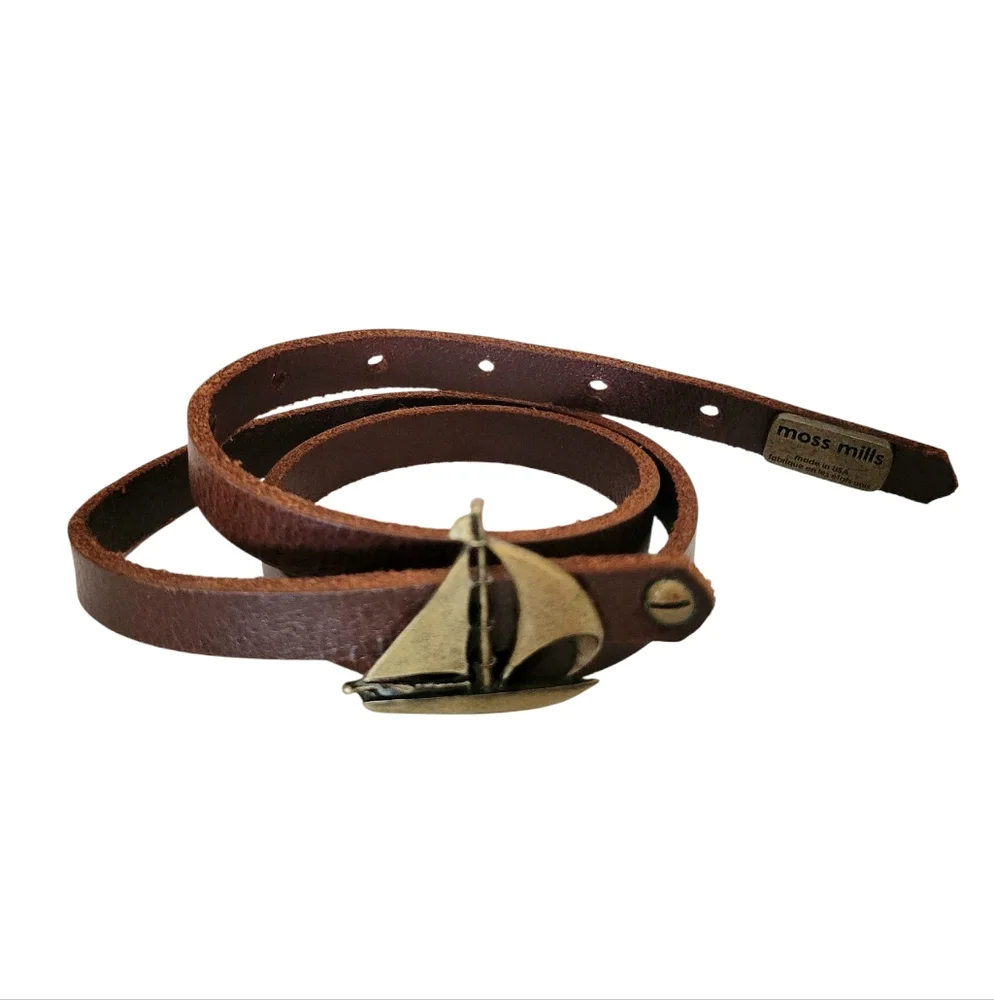 Vintage Style Leather Belt Sailboat Buckle Moss Mills S/M